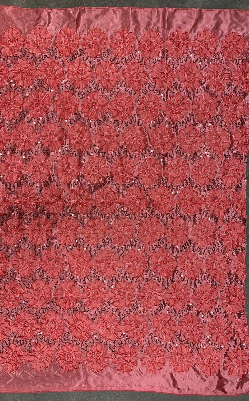 Allie CORAL 3D Floral Polyester Satin Rosette with Sequins Fabric by the Yard - 10051
