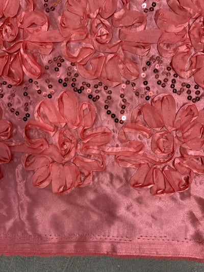 Allie CORAL 3D Floral Polyester Satin Rosette with Sequins Fabric by the Yard - 10051