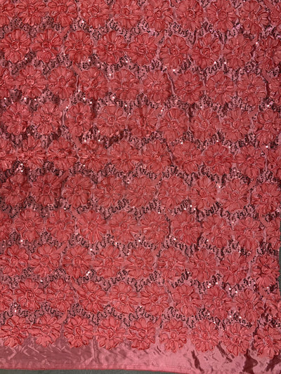 Allie CORAL 3D Floral Polyester Satin Rosette with Sequins Fabric by the Yard - 10051