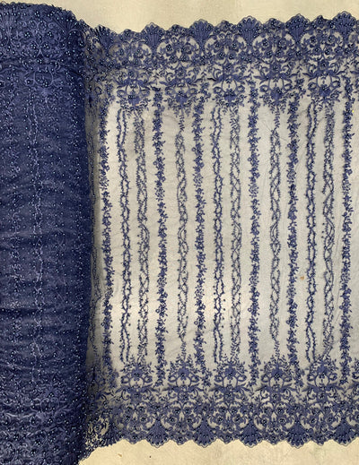 Daphne NAVY BLUE Faux Pearls Beaded Flowers and Vines Lace Embroidery on Mesh Fabric by the Yard - 10103