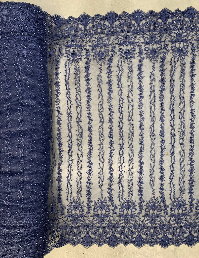 Daphne NAVY BLUE Faux Pearls Beaded Flowers and Vines Lace Embroidery on Mesh Fabric by the Yard - 10103