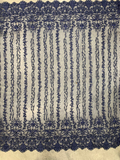 Daphne NAVY BLUE Faux Pearls Beaded Flowers and Vines Lace Embroidery on Mesh Fabric by the Yard - 10103