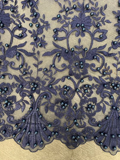 Daphne NAVY BLUE Faux Pearls Beaded Flowers and Vines Lace Embroidery on Mesh Fabric by the Yard - 10103