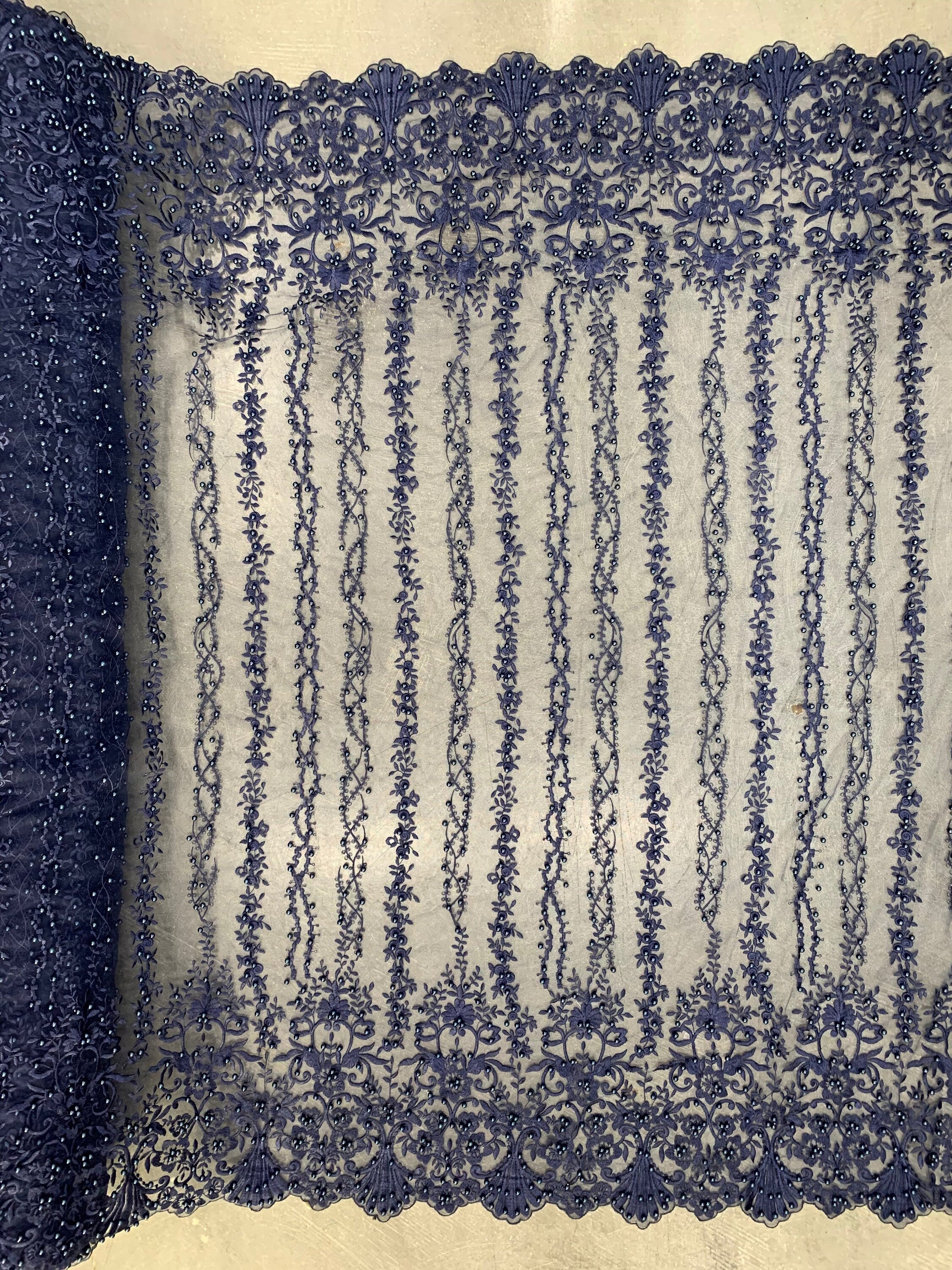 Daphne NAVY BLUE Faux Pearls Beaded Flowers and Vines Lace Embroidery on Mesh Fabric by the Yard - 10103