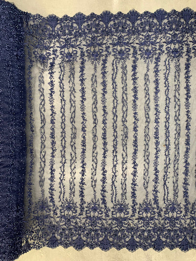 Daphne NAVY BLUE Faux Pearls Beaded Flowers and Vines Lace Embroidery on Mesh Fabric by the Yard - 10103