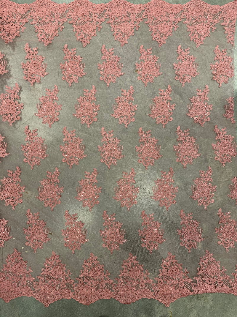 Brianna DARK DUSTY ROSE Polyester Floral Embroidery with Sequins on Mesh Lace Fabric by the Yard - 10020