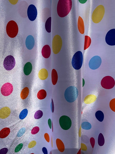Shelby 0.75" MULTI COLOR Polka Dots on WHITE Polyester Light Weight Satin Fabric by the Yard - 10070