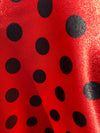 Shelby 0.75" BLACK Polka Dots on RED Polyester Light Weight Satin Fabric by the Yard - 10070