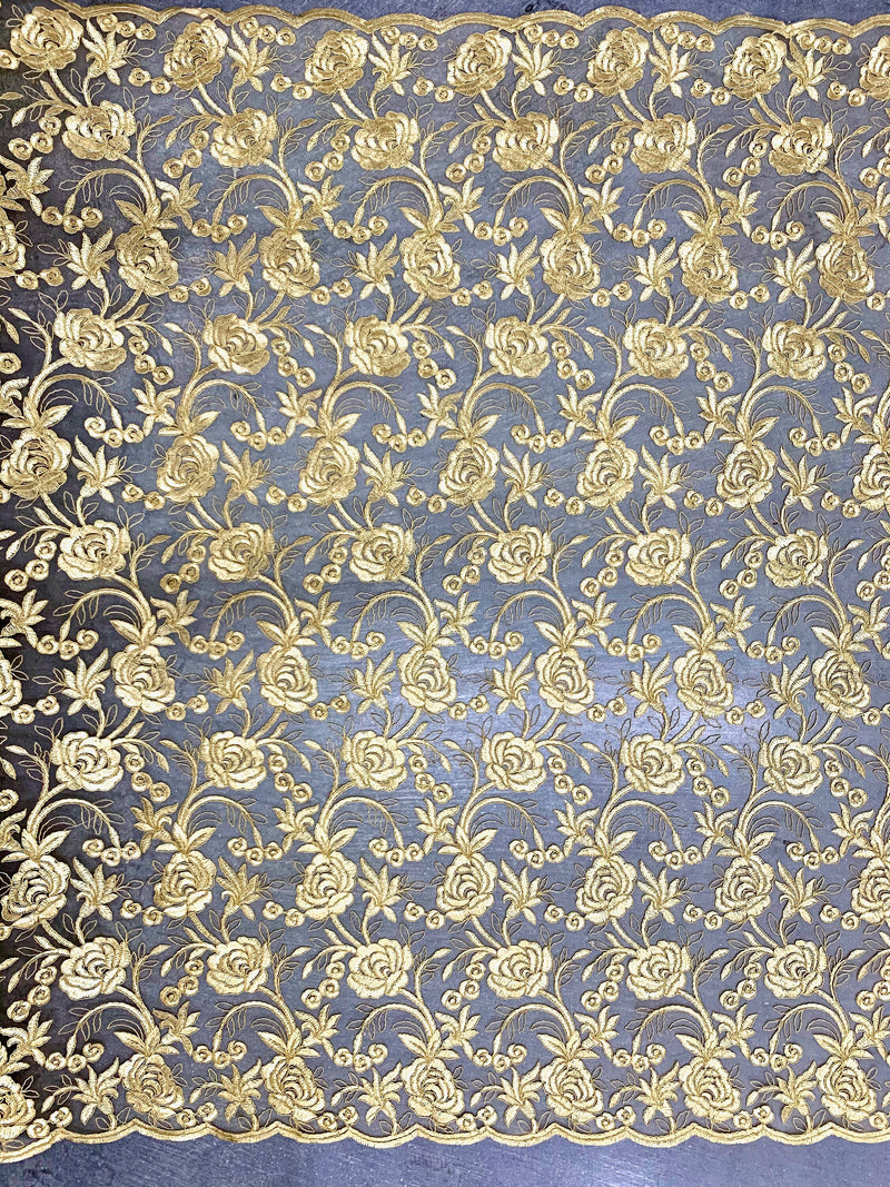 Dakota GOLD Polyester Corded Floral Embroidery on Mesh Lace Fabric by the Yard - 10043