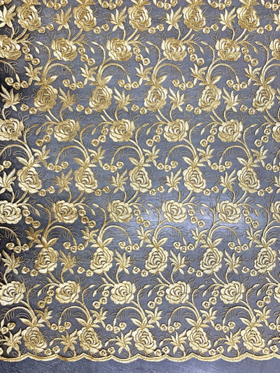 Dakota GOLD Polyester Corded Floral Embroidery on Mesh Lace Fabric by the Yard - 10043