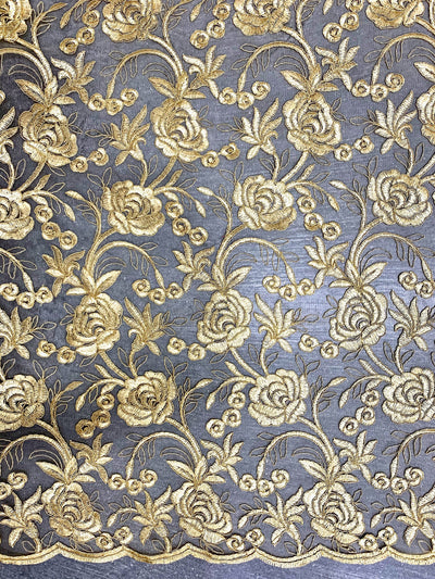 Dakota GOLD Polyester Corded Floral Embroidery on Mesh Lace Fabric by the Yard - 10043
