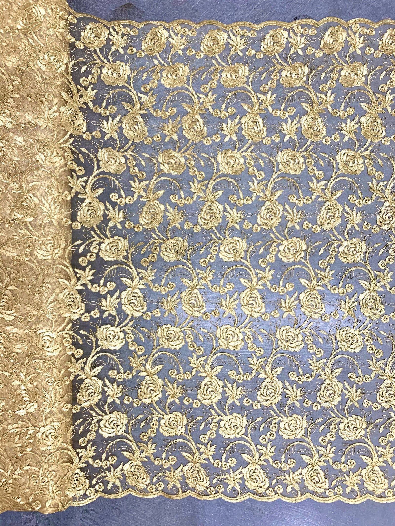 Dakota GOLD Polyester Corded Floral Embroidery on Mesh Lace Fabric by the Yard - 10043