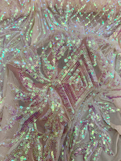Francesca IRIDESCENT BLUSH PINK Vines and Diamonds Pattern Sequins on Mesh Lace Fabric by the Yard - 10130