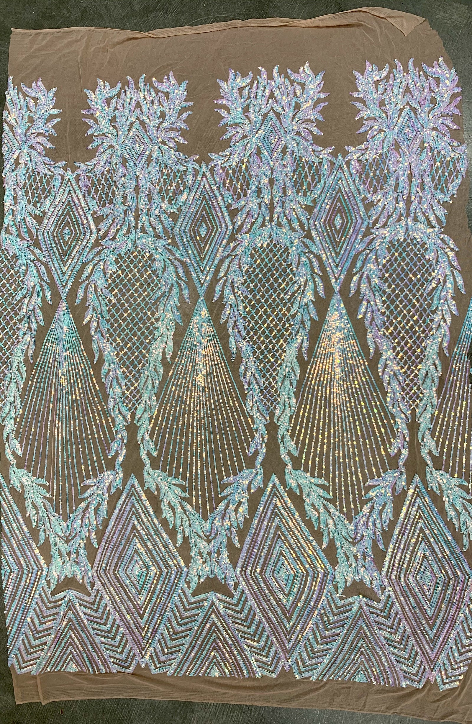 Francesca Iridescent WHITE PINK Vines and Diamonds Pattern Sequins on NUDE Mesh Lace Fabric by the Yard - 10130