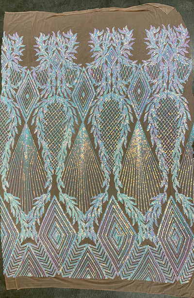 Francesca Iridescent WHITE PINK Vines and Diamonds Pattern Sequins on NUDE Mesh Lace Fabric by the Yard - 10130