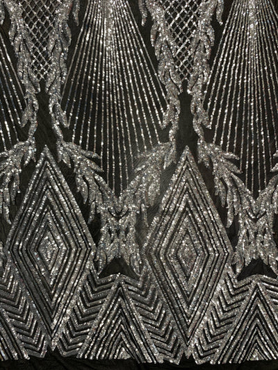 Francesca SILVER Vines and Diamonds Pattern Sequins on BLACK Mesh Lace Fabric by the Yard - 10130