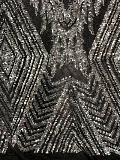 Francesca SILVER Vines and Diamonds Pattern Sequins on BLACK Mesh Lace Fabric by the Yard - 10130