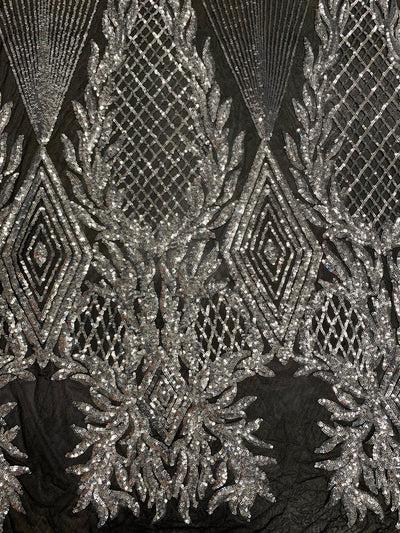 Francesca SILVER Vines and Diamonds Pattern Sequins on BLACK Mesh Lace Fabric by the Yard - 10130