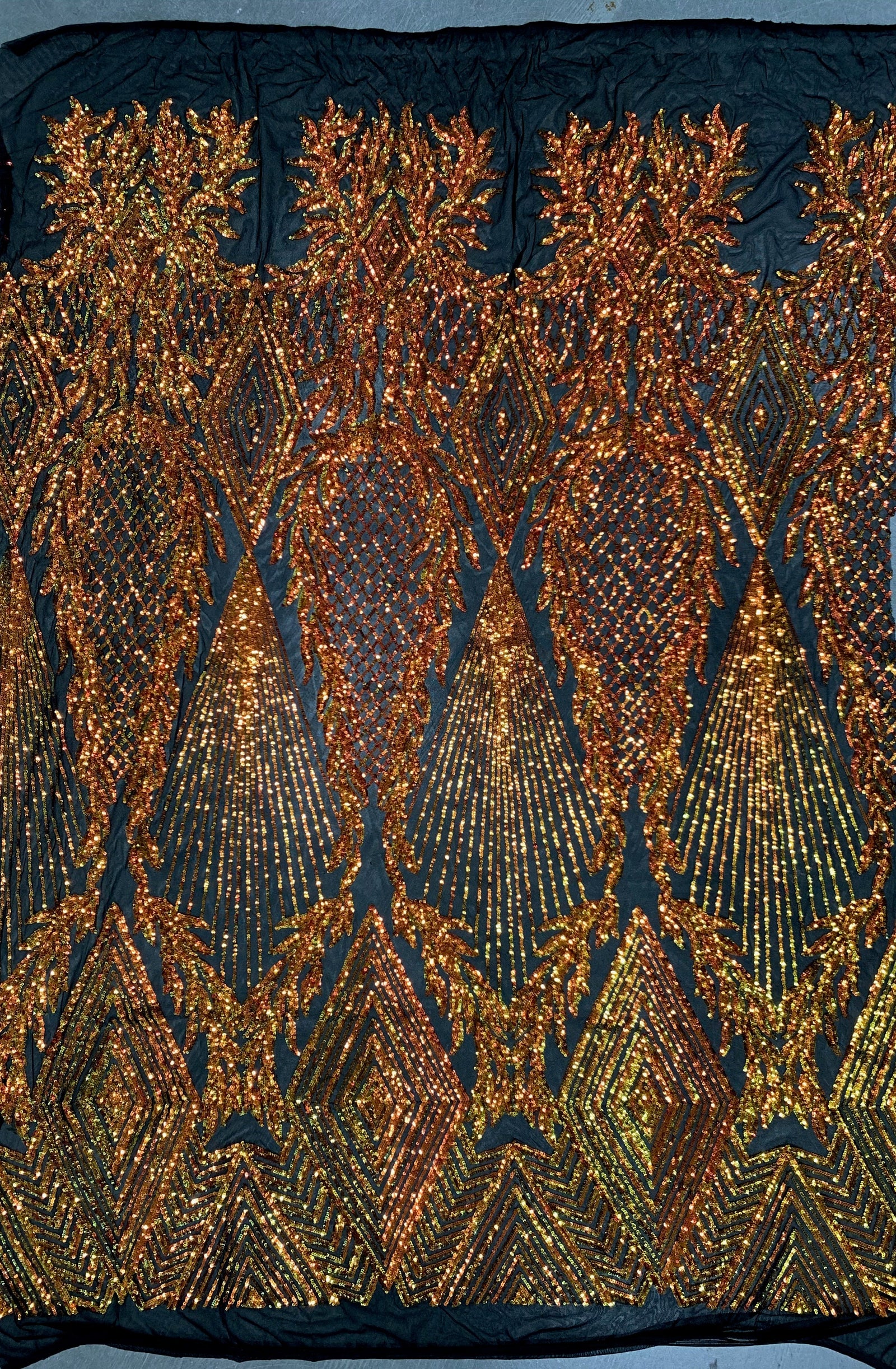 Francesca Iridescent ORANGE GOLD Vines and Diamonds Pattern Sequins on BLACK Mesh Lace Fabric by the Yard - 10130