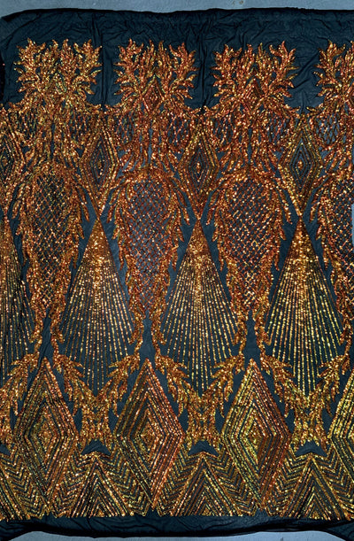 Francesca Iridescent ORANGE GOLD Vines and Diamonds Pattern Sequins on BLACK Mesh Lace Fabric by the Yard - 10130