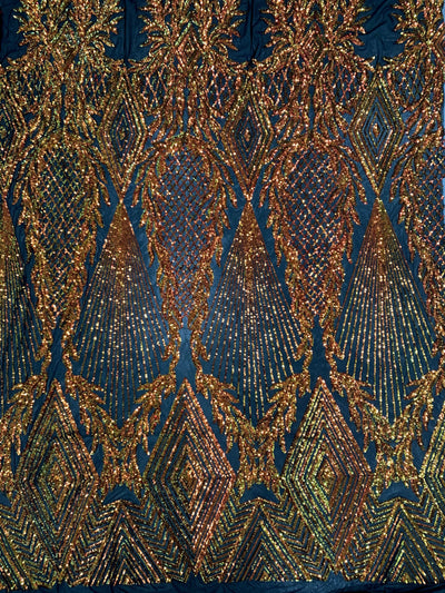 Francesca Iridescent ORANGE GOLD Vines and Diamonds Pattern Sequins on BLACK Mesh Lace Fabric by the Yard - 10130