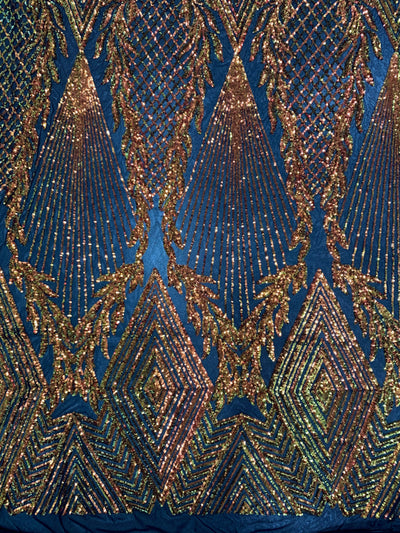 Francesca Iridescent ORANGE GOLD Vines and Diamonds Pattern Sequins on BLACK Mesh Lace Fabric by the Yard - 10130