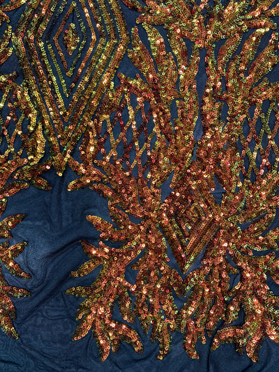 Francesca Iridescent ORANGE GOLD Vines and Diamonds Pattern Sequins on BLACK Mesh Lace Fabric by the Yard - 10130