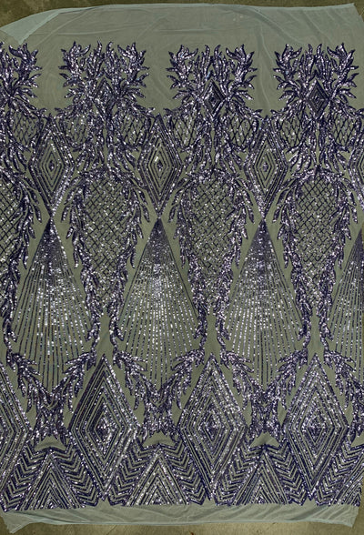 Francesca BLUE LAVENDER Vines and Diamonds Pattern Sequins on Light BLUE Mesh Lace Fabric by the Yard - 10130