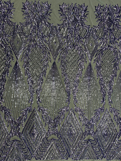 Francesca BLUE LAVENDER Vines and Diamonds Pattern Sequins on Light BLUE Mesh Lace Fabric by the Yard - 10130