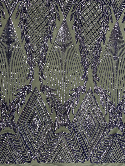 Francesca BLUE LAVENDER Vines and Diamonds Pattern Sequins on Light BLUE Mesh Lace Fabric by the Yard - 10130