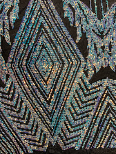 Francesca IRIDESCENT WHITE Vines and Diamonds Pattern Sequins on BLACK Mesh Lace Fabric by the Yard - 10130