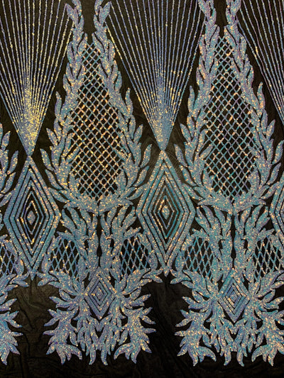 Francesca IRIDESCENT WHITE Vines and Diamonds Pattern Sequins on BLACK Mesh Lace Fabric by the Yard - 10130