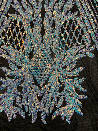 Francesca IRIDESCENT WHITE Vines and Diamonds Pattern Sequins on BLACK Mesh Lace Fabric by the Yard - 10130