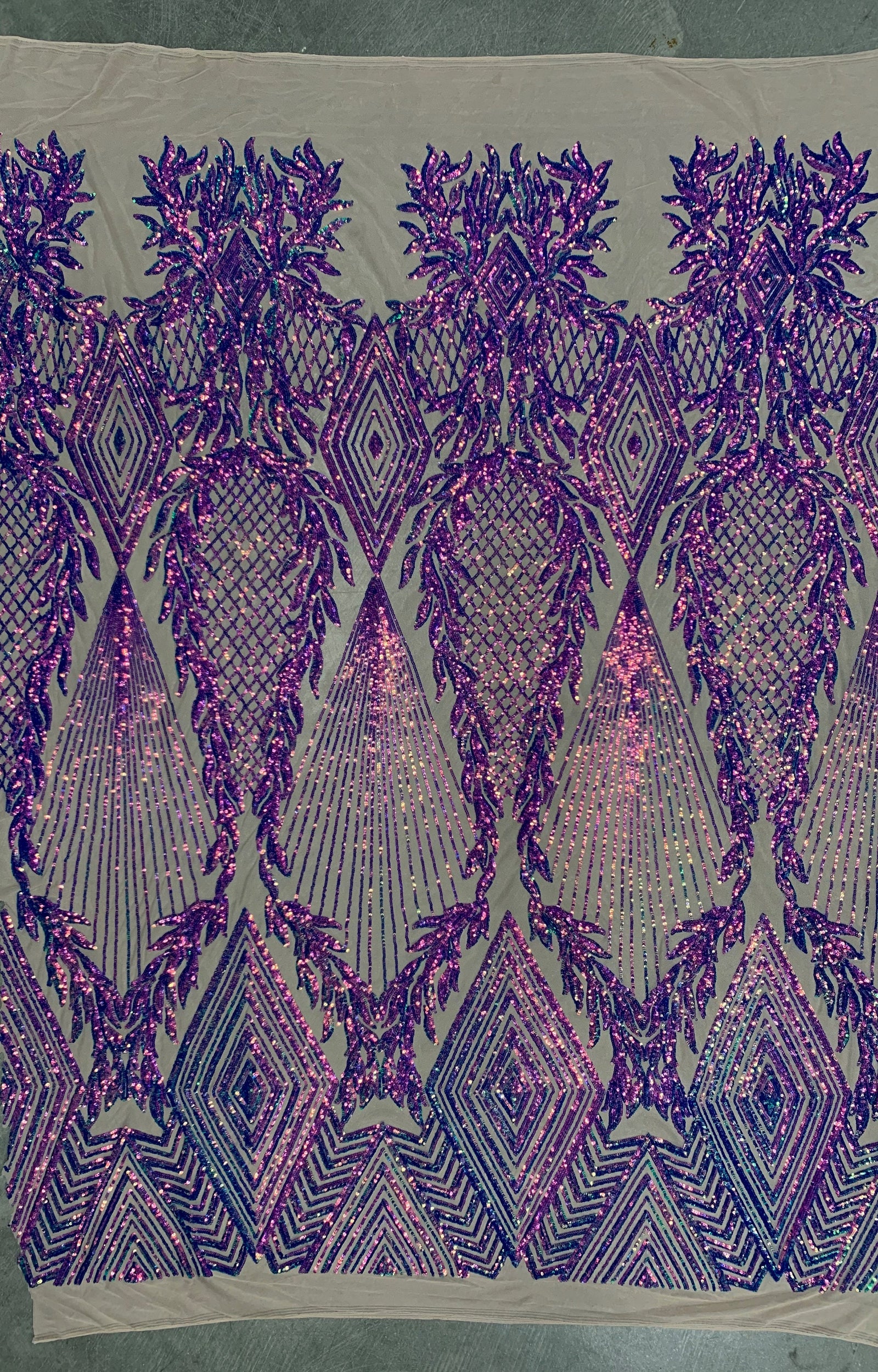 Francesca IRIDESCENT PURPLE Vines and Diamonds Pattern Sequins on NUDE Mesh Lace Fabric by the Yard - 10130