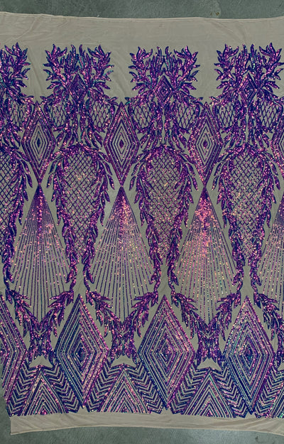 Francesca IRIDESCENT PURPLE Vines and Diamonds Pattern Sequins on NUDE Mesh Lace Fabric by the Yard - 10130