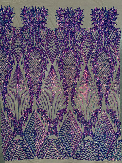 Francesca IRIDESCENT PURPLE Vines and Diamonds Pattern Sequins on NUDE Mesh Lace Fabric by the Yard - 10130