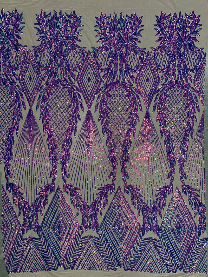 Francesca IRIDESCENT PURPLE Vines and Diamonds Pattern Sequins on NUDE Mesh Lace Fabric by the Yard - 10130