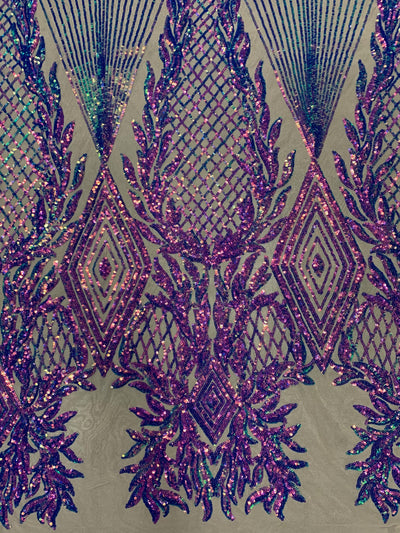Francesca IRIDESCENT PURPLE Vines and Diamonds Pattern Sequins on NUDE Mesh Lace Fabric by the Yard - 10130