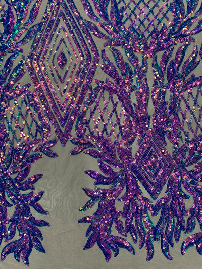 Francesca IRIDESCENT PURPLE Vines and Diamonds Pattern Sequins on NUDE Mesh Lace Fabric by the Yard - 10130
