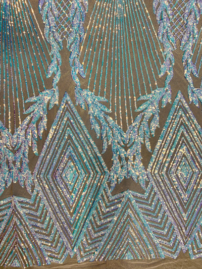 Francesca Iridescent WHITE BLUE Vines and Diamonds Pattern Sequins on NUDE Mesh Lace Fabric by the Yard - 10130