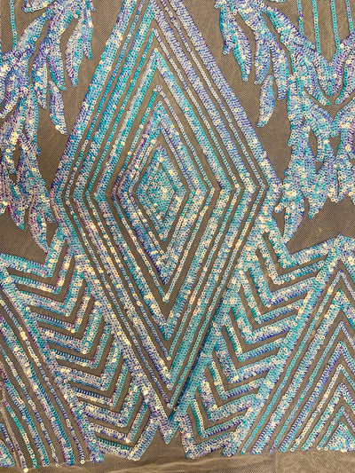 Francesca Iridescent WHITE BLUE Vines and Diamonds Pattern Sequins on NUDE Mesh Lace Fabric by the Yard - 10130