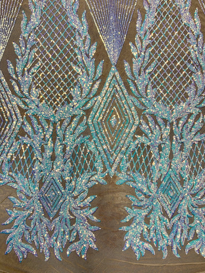 Francesca Iridescent WHITE BLUE Vines and Diamonds Pattern Sequins on NUDE Mesh Lace Fabric by the Yard - 10130