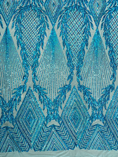 Francesca IRIDESCENT TURQUOISE Vines and Diamonds Pattern Sequins on Mesh Lace Fabric by the Yard - 10130