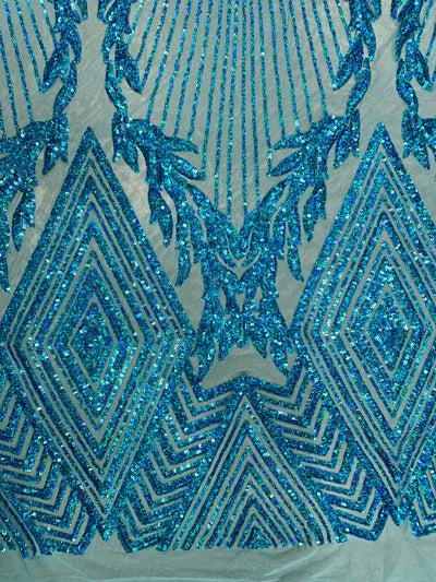 Francesca IRIDESCENT TURQUOISE Vines and Diamonds Pattern Sequins on Mesh Lace Fabric by the Yard - 10130
