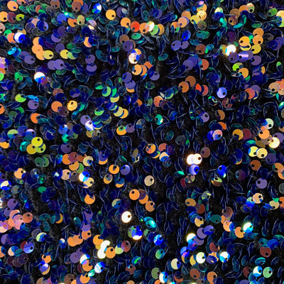 Stephanie MULTI COLORED Overlap Sequins on BLACK Stretch Velvet Fabric by the Yard for Gowns, Apparel, Costumes, Crafts - 10185