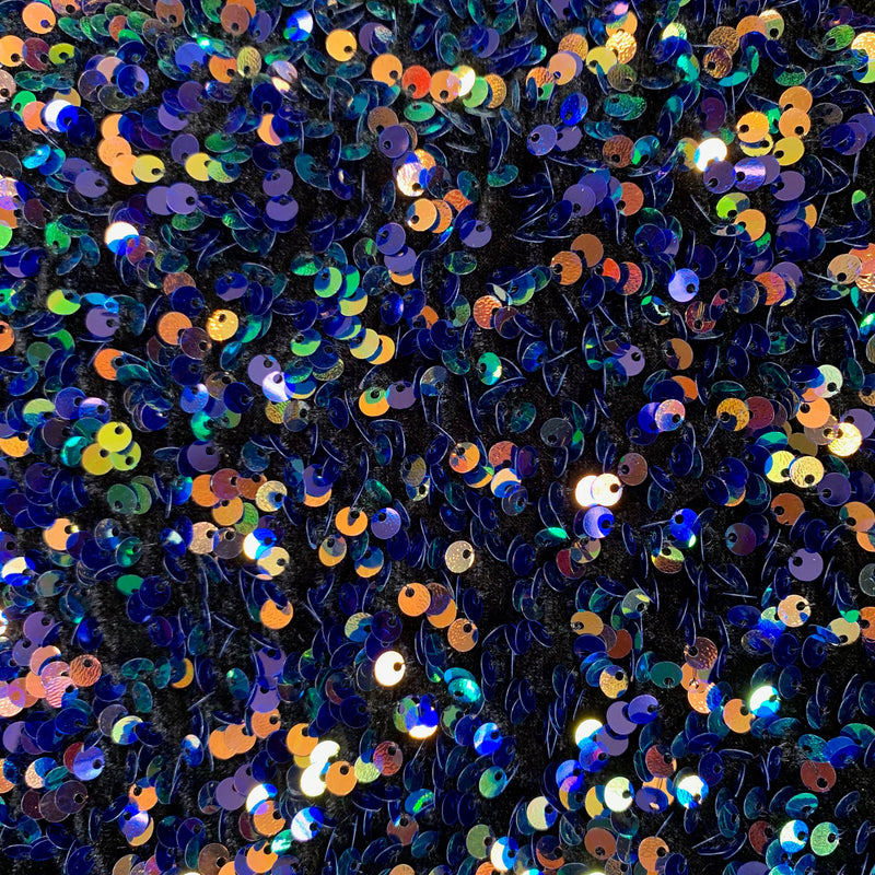 Stephanie MULTI COLORED Overlap Sequins on BLACK Stretch Velvet Fabric by the Yard for Gowns, Apparel, Costumes, Crafts - 10185