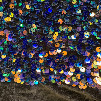 Stephanie MULTI COLORED Overlap Sequins on BLACK Stretch Velvet Fabric by the Yard for Gowns, Apparel, Costumes, Crafts - 10185