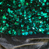 Stephanie TEAL GREEN Overlap Sequins on BLACK Stretch Velvet Fabric by the Yard for Gowns, Apparel, Costumes, Crafts - 10185