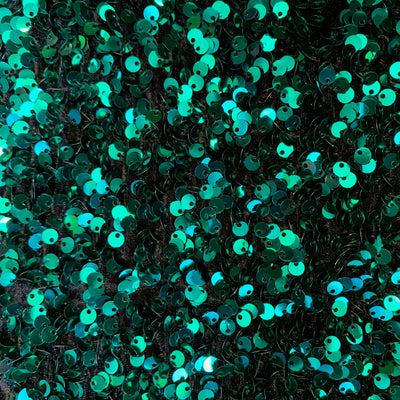 Stephanie TEAL GREEN Overlap Sequins on BLACK Stretch Velvet Fabric by the Yard for Gowns, Apparel, Costumes, Crafts - 10185
