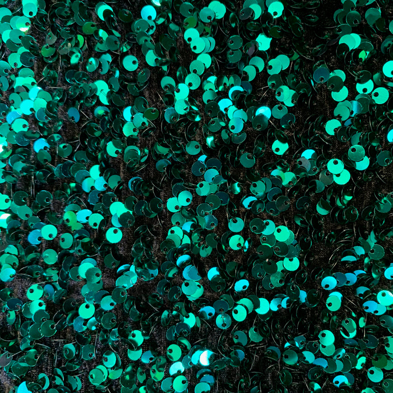 Stephanie TEAL GREEN Overlap Sequins on BLACK Stretch Velvet Fabric by the Yard for Gowns, Apparel, Costumes, Crafts - 10185